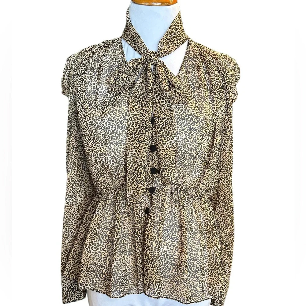 ZARA Sheer Womens Small Leopard Animal Print Scarf Neck Blouse Long Sleeve Shirt - Picture 2 of 8